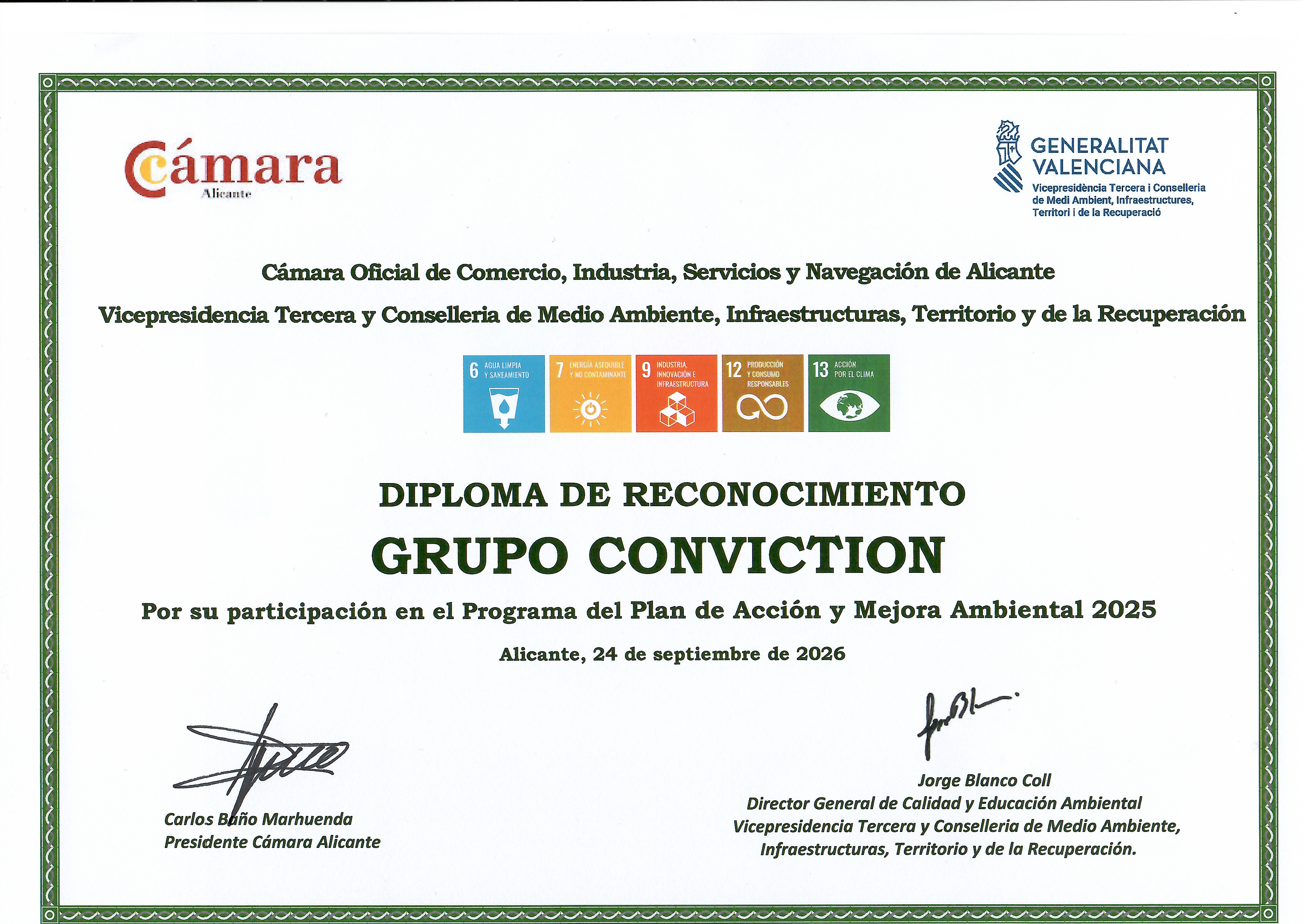 Diploma de reconocimiento a Grupo Conviction por su participación en el Programa del Plan de Acción y Mejora Ambiental 2025. Alicante, 24 de septiembre de 2026.